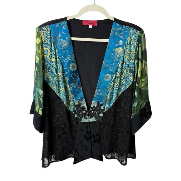 Carina Kimono Cardigan Women L Black Blue Silk Sheer Mesh Lace Artsy Whimsygoth - Picture 1 of 8